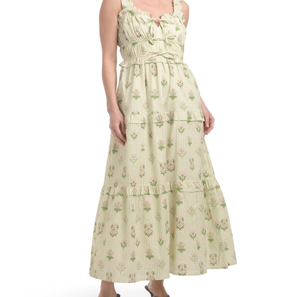 LEA Green White Striped Pink Floral Tiered Cotton Maxi Dress Size M
